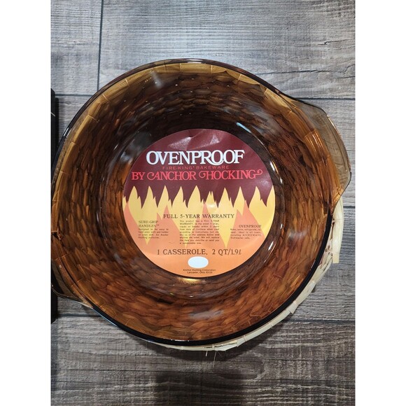 Anchor Hocking 2 qt. Casserole Dish w/ Basket Woven Harvest Amber Round NIB. - Picture 3 of 11